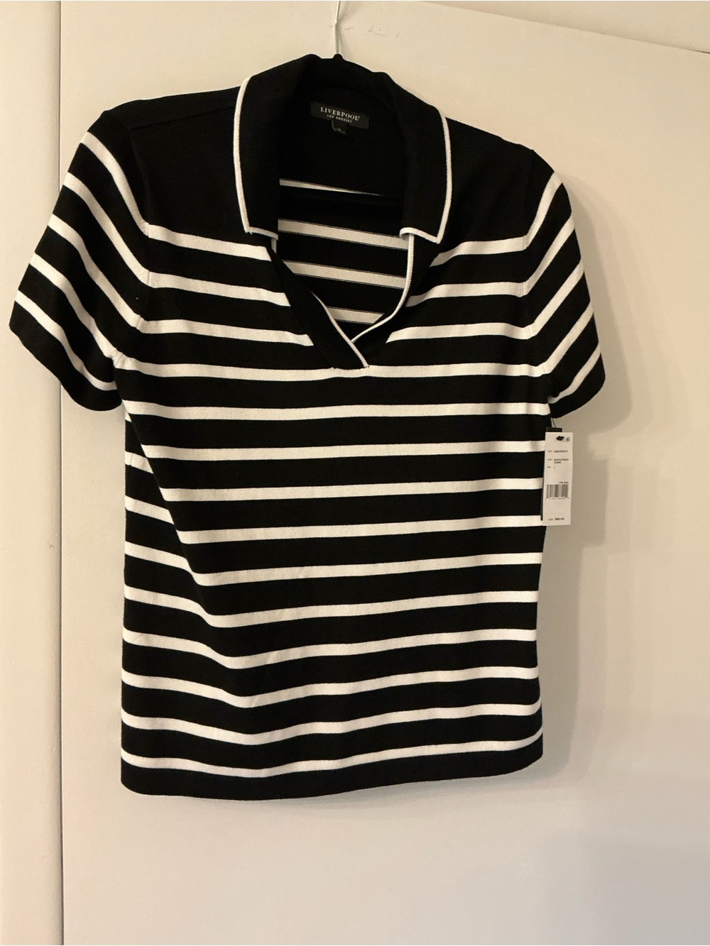 Liverpool Black and White Striped Short Sleeve Polo Top
